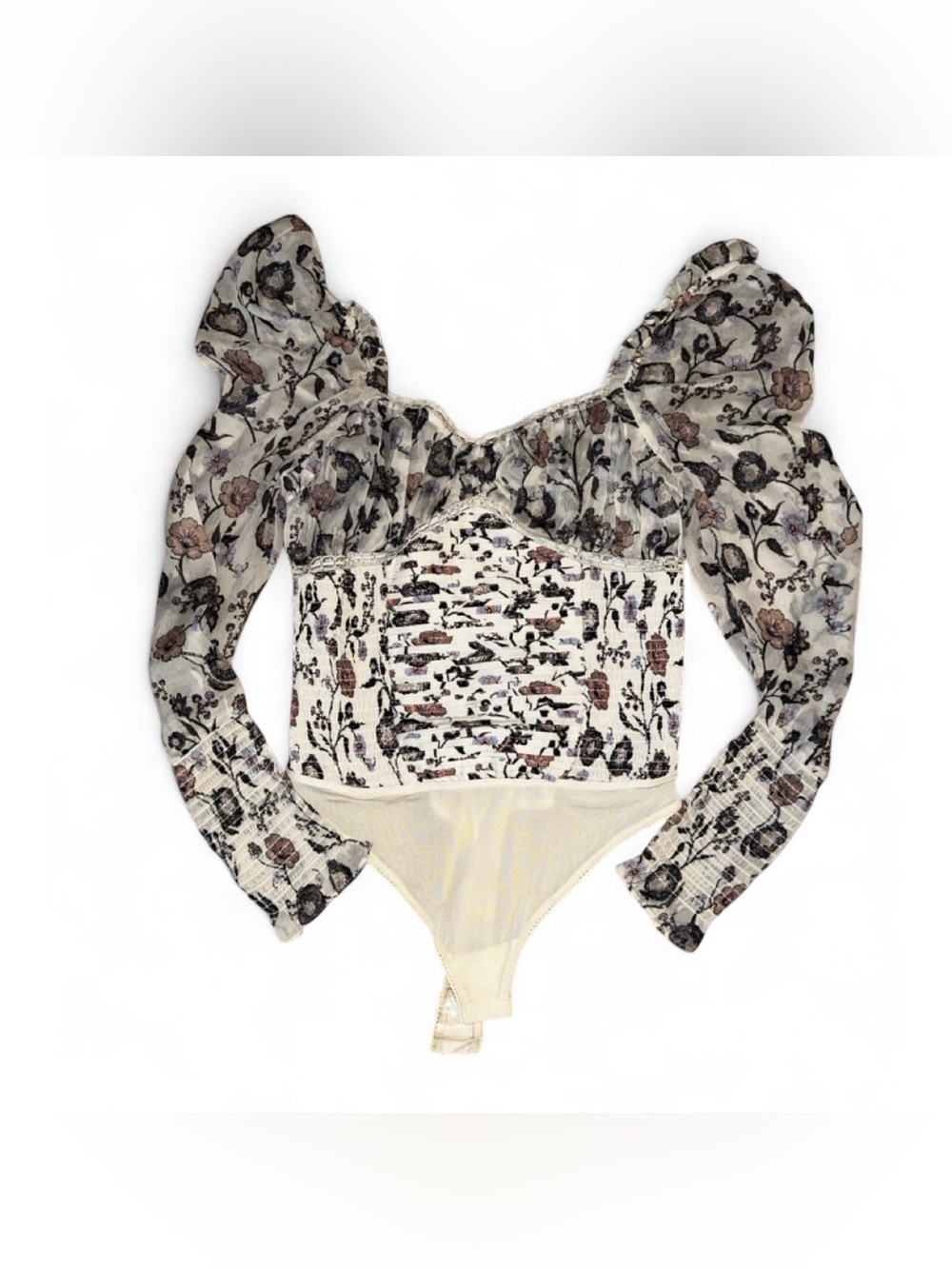 Floral Free People Puff-Sleeve Smocked Bodysuit - Cream size Medium